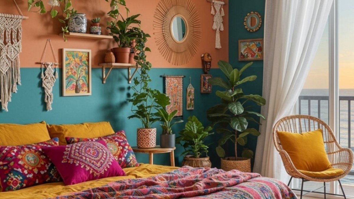 Boho accent wall with bold teal and terracotta tones, hanging plants, woven decor, and vibrant bedding in a cozy bedroom.