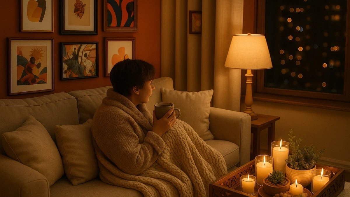 Person sitting on a sofa wrapped in a warm blanket, holding a mug, surrounded by glowing candles, soft lighting, and cozy home decor.