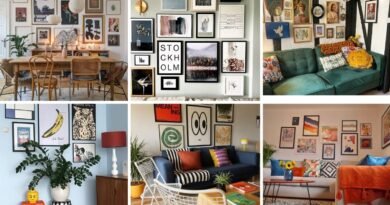 Collage of 6 eclectic gallery wall ideas combining modern prints, vintage finds, and colorful frames.