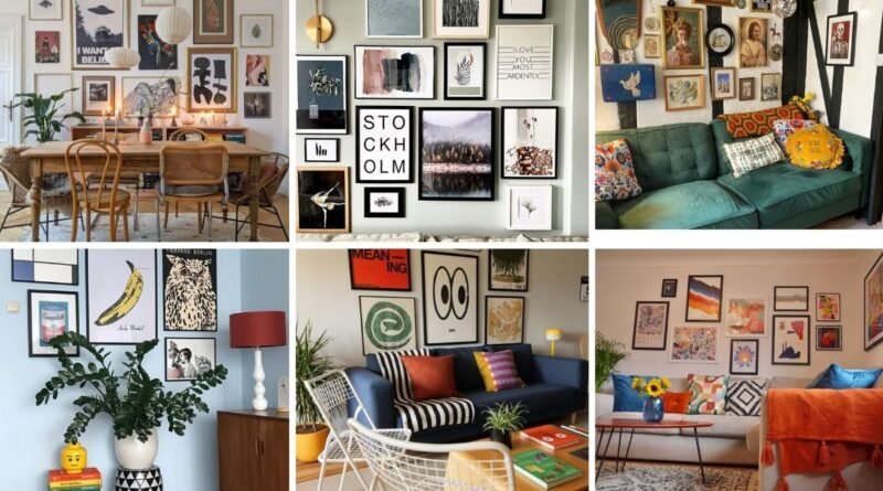 Collage of 6 eclectic gallery wall ideas combining modern prints, vintage finds, and colorful frames.