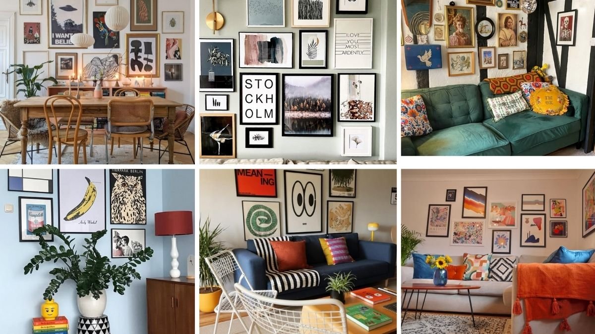 Collage of 6 eclectic gallery wall ideas combining modern prints, vintage finds, and colorful frames.