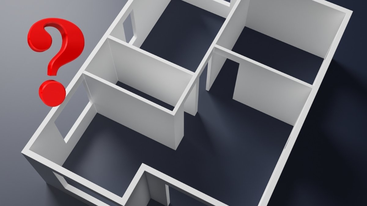 3D floor plan layout with a red question mark, symbolizing how to draw and understand home floor plans.