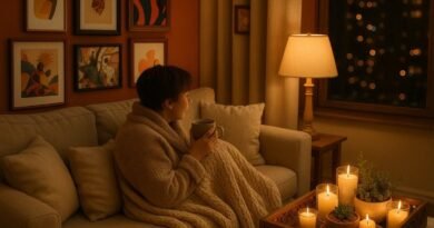 A cozy evening scene with a person wrapped in a blanket, holding a warm drink, surrounded by glowing candles and a soft lamp in a warmly lit living room.