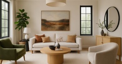 Modern small apartment living room with neutral sofa, green armchair, round coffee table, wall art, and minimalist decor.