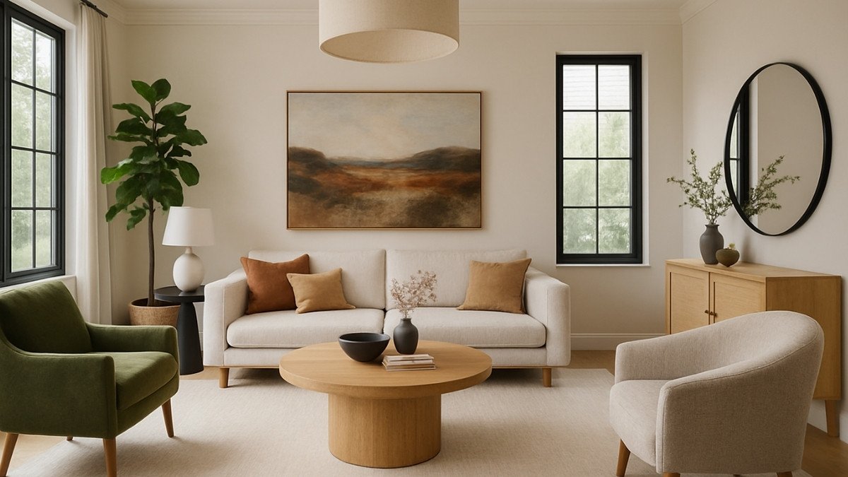 Modern small apartment living room with neutral sofa, green armchair, round coffee table, wall art, and minimalist decor.