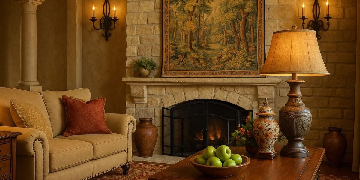 Italian Tuscan decor living room with stone fireplace, warm earthy tones, and rustic elegance