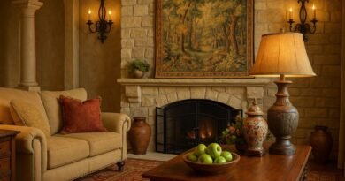 Italian Tuscan decor living room with stone fireplace, warm earthy tones, and rustic elegance