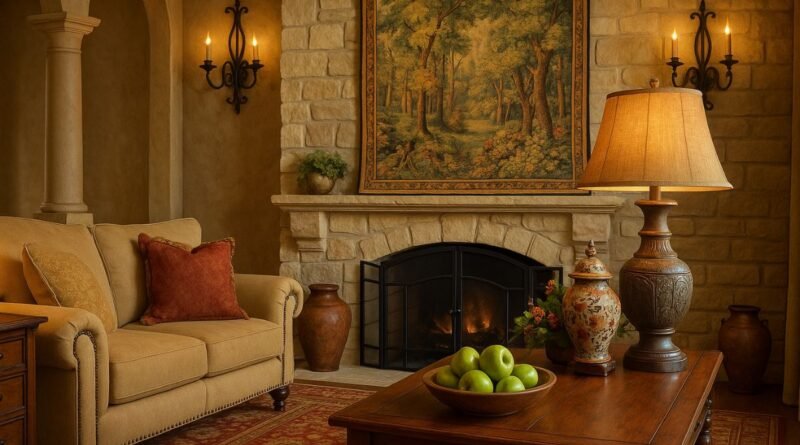 Italian Tuscan decor living room with stone fireplace, warm earthy tones, and rustic elegance