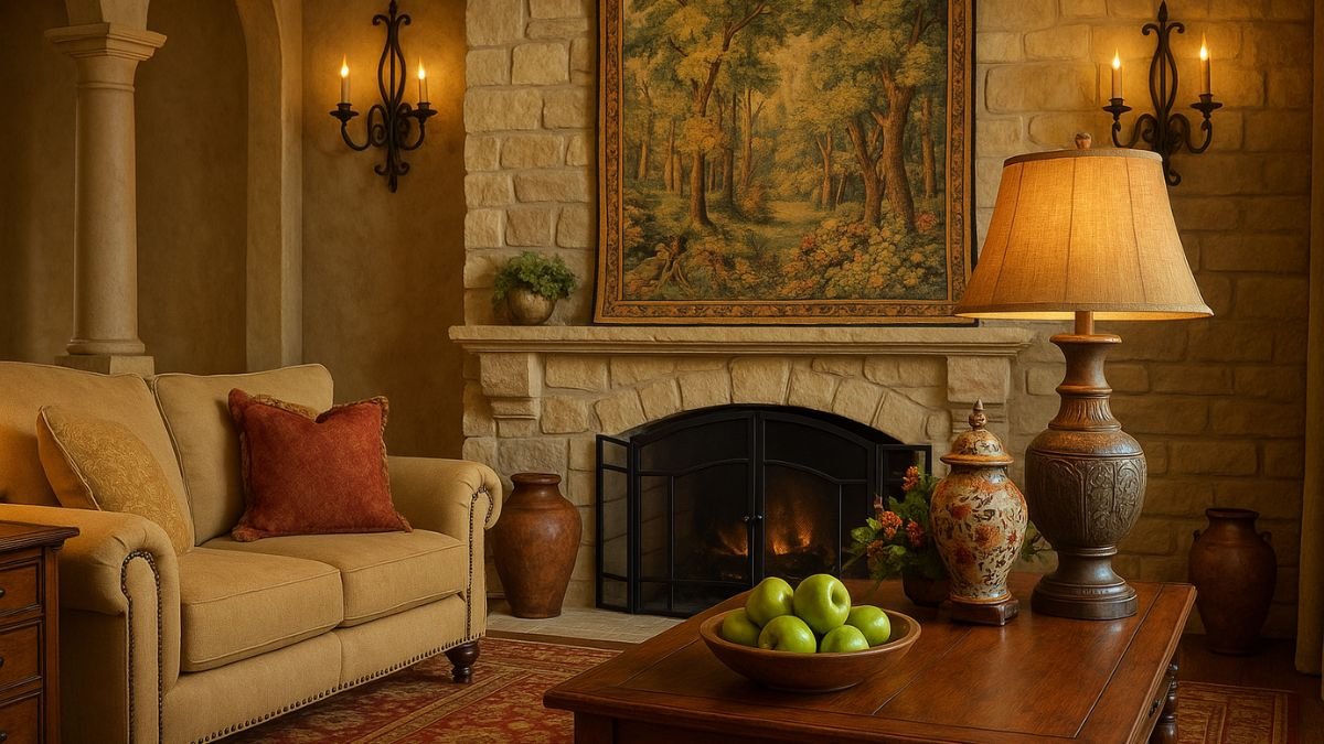 Italian Tuscan decor living room with stone fireplace, warm earthy tones, and rustic elegance