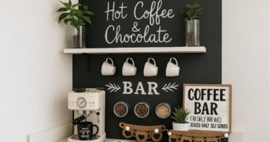 White coffee bar with black accent wall, “Hot Coffee & Chocolate” sign, mugs, and espresso machine.