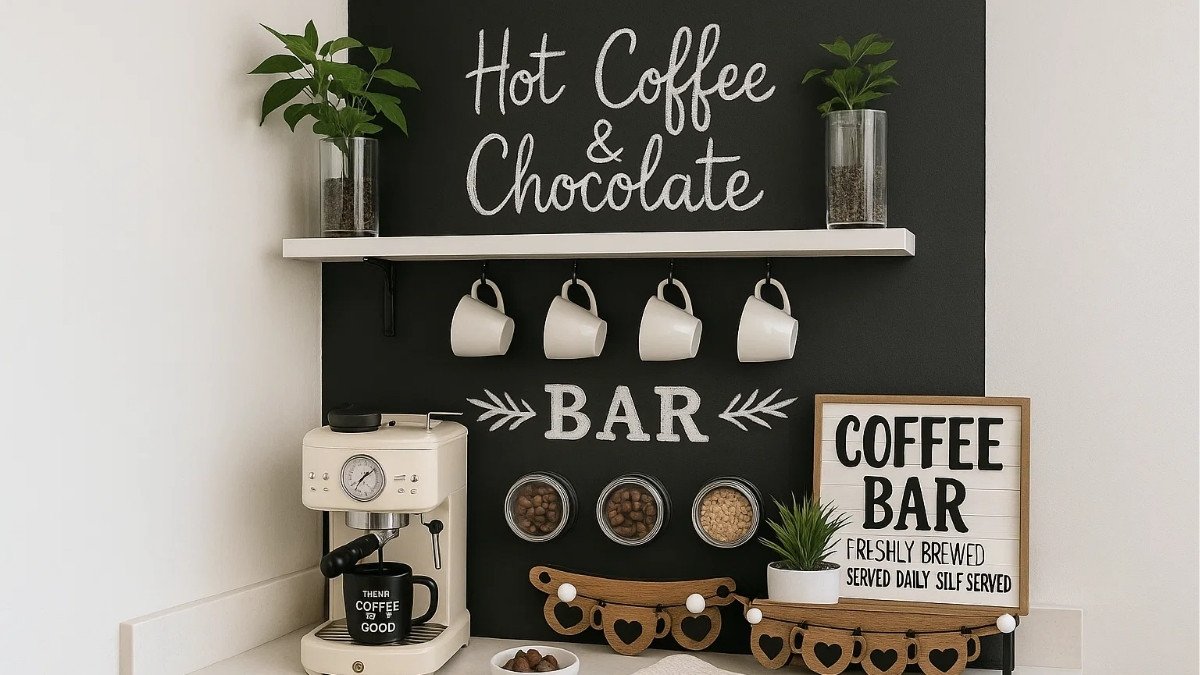 White coffee bar with black accent wall, “Hot Coffee & Chocolate” sign, mugs, and espresso machine.