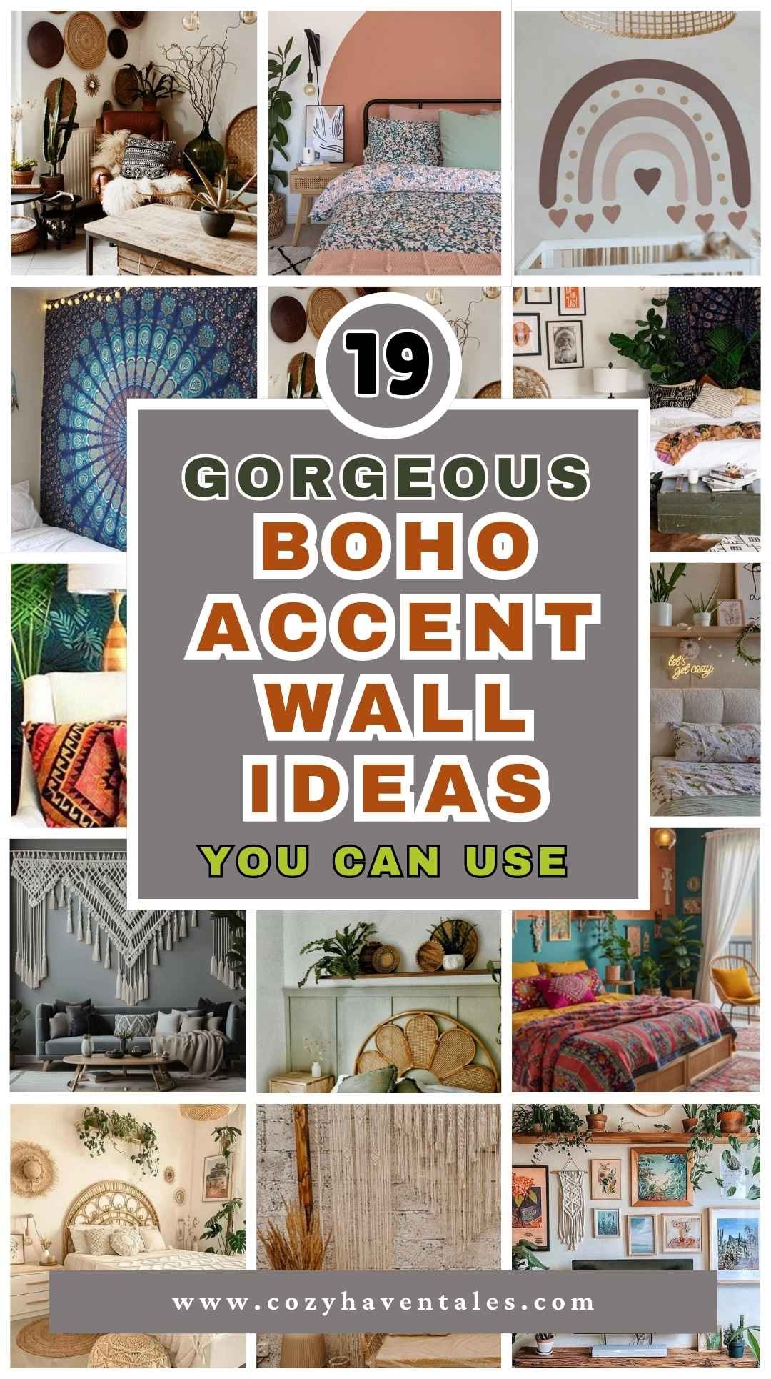 Collage of gorgeous boho accent wall ideas featuring woven baskets, macramé, plants, and colorful wall designs.