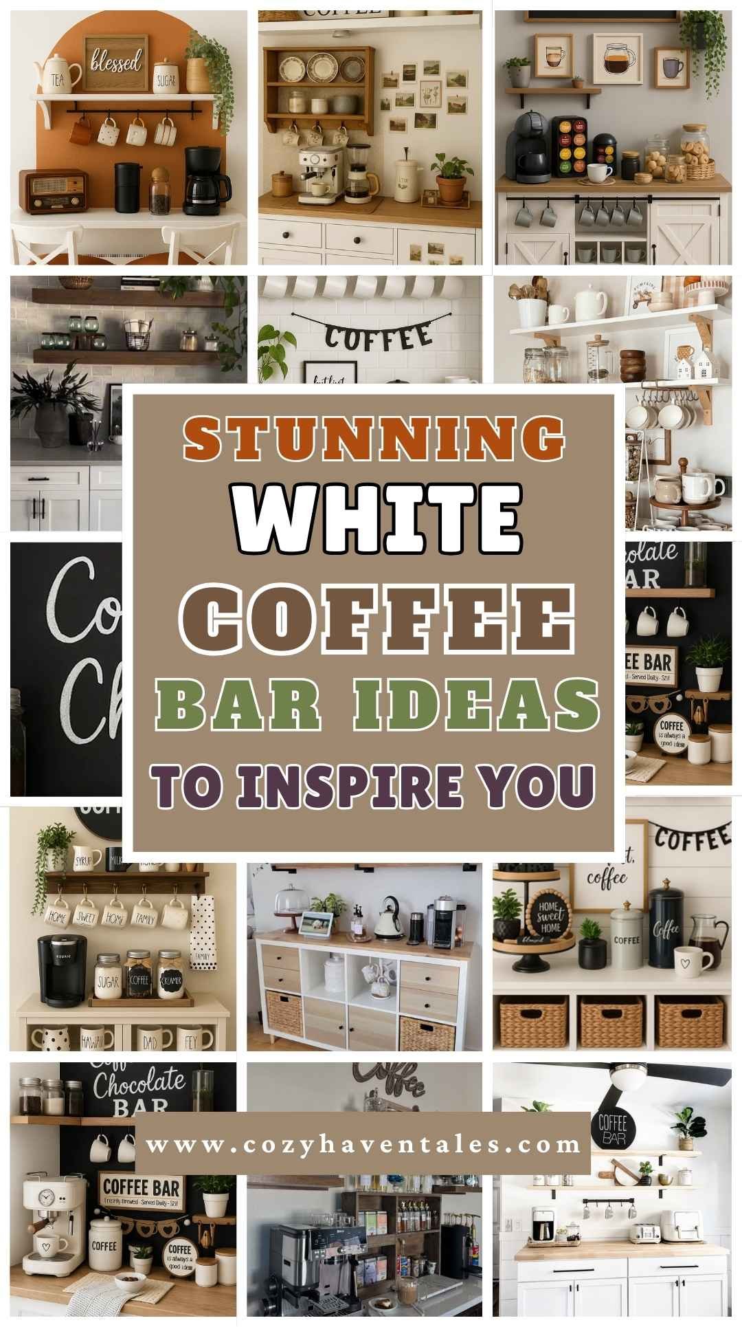 Collage of stunning white coffee bar ideas with shelves, signage, and cozy designs for home inspiration