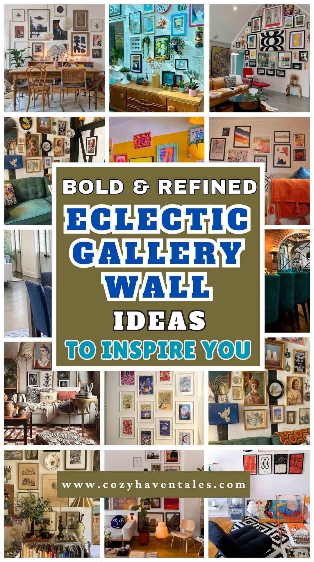Collage of eclectic gallery wall ideas combining modern prints, vintage finds, bold graphics, and colorful frames.