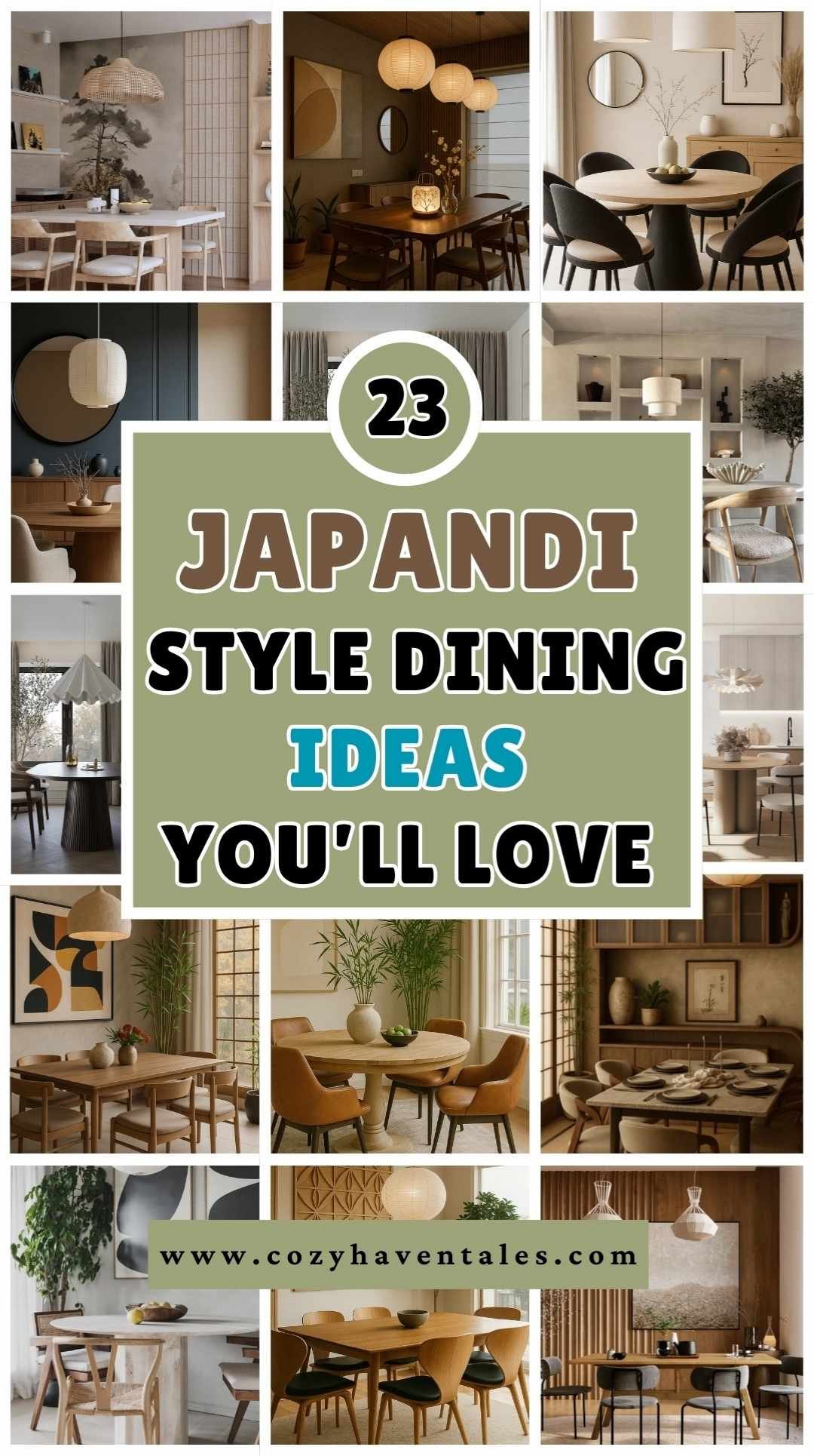 Collage of Japandi dining room design ideas featuring wood furniture, muted palettes, and minimalist Japanese-Scandinavian interiors.