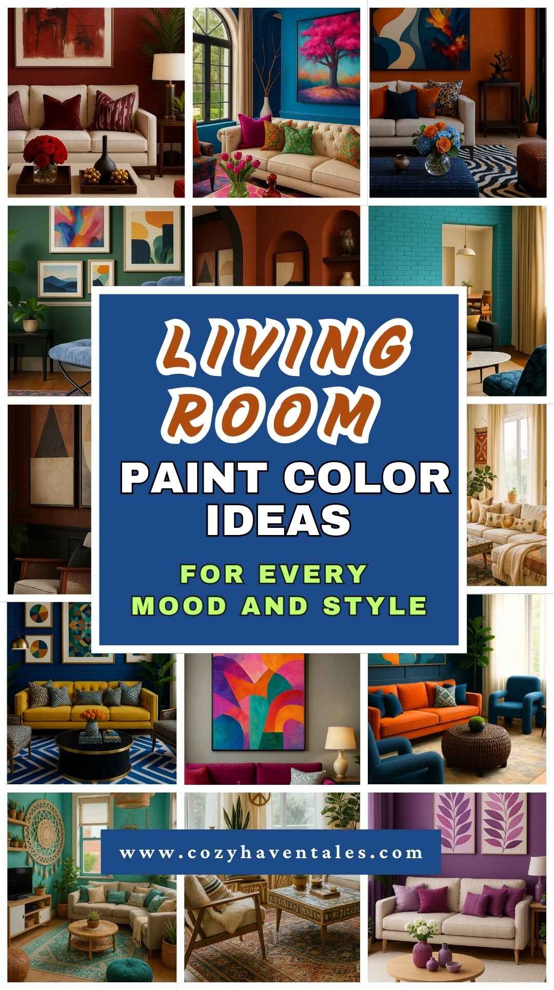 Collage of vibrant and cozy living room paint color ideas showcasing bold, neutral, and modern styles.