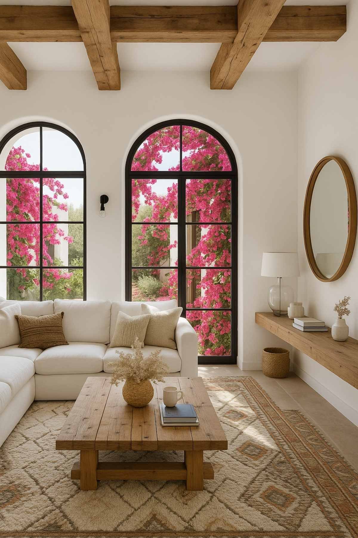 Bright living room with large arched windows, sunlight streaming in, and pink bougainvillea blooming outside, filling the space with energy.