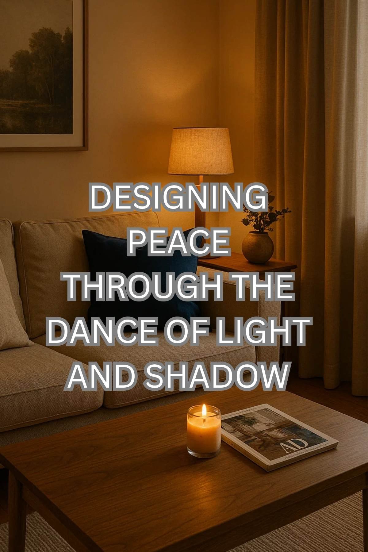 Cozy living room with a glowing table lamp and a lit candle on a wooden coffee table, symbolizing peace through the dance of light and shadow.