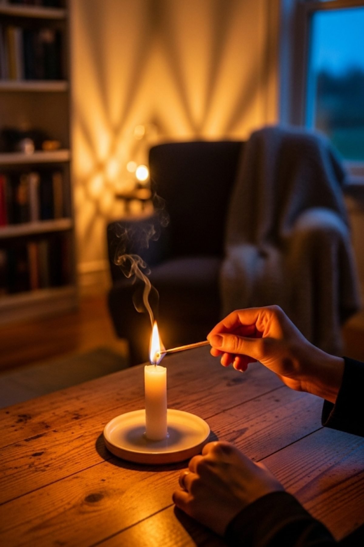 Hands tending to a candle on a wooden table with a softly glowing lamp in the background—an intimate evening ritual.