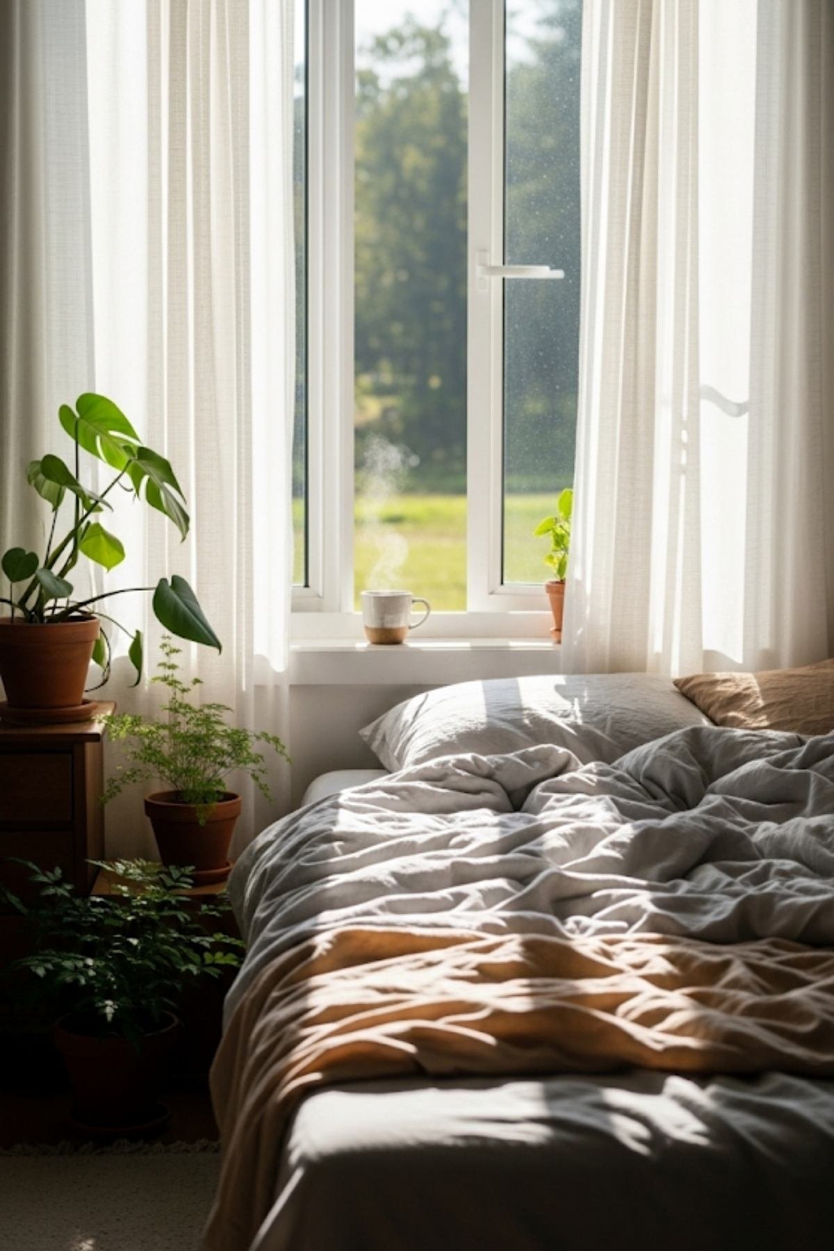 Bright bedroom with sheer curtains, sunlight streaming over the bed, and green plants by the window—an inviting start to the day.