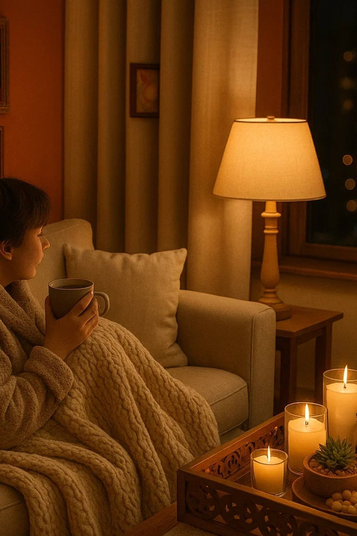 A person wrapped in a blanket, holding a warm drink, surrounded by glowing candles and a soft lamp in a cozy living room at night.