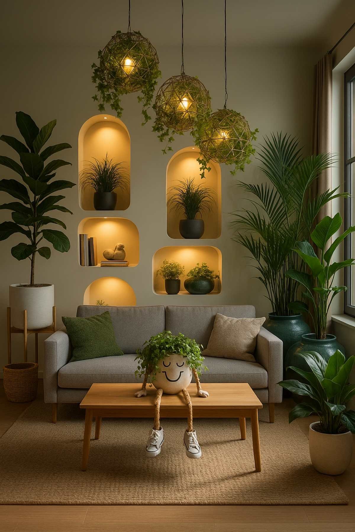 A cozy living room with glowing wall niches, lush plants, and layered soft lighting creating a calming atmosphere.