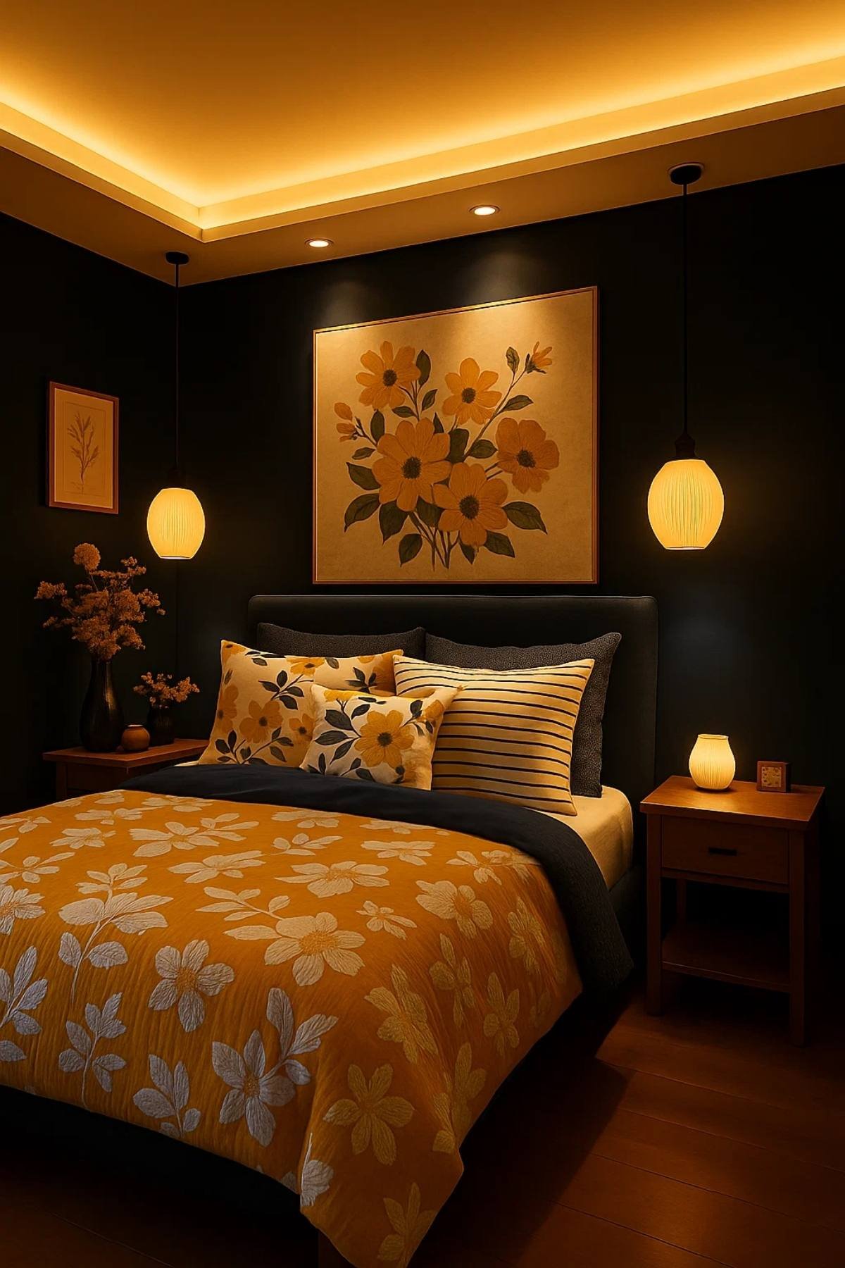 A bedroom softly lit with golden lamps, warm tones, and layered lighting for a relaxing evening atmosphere.