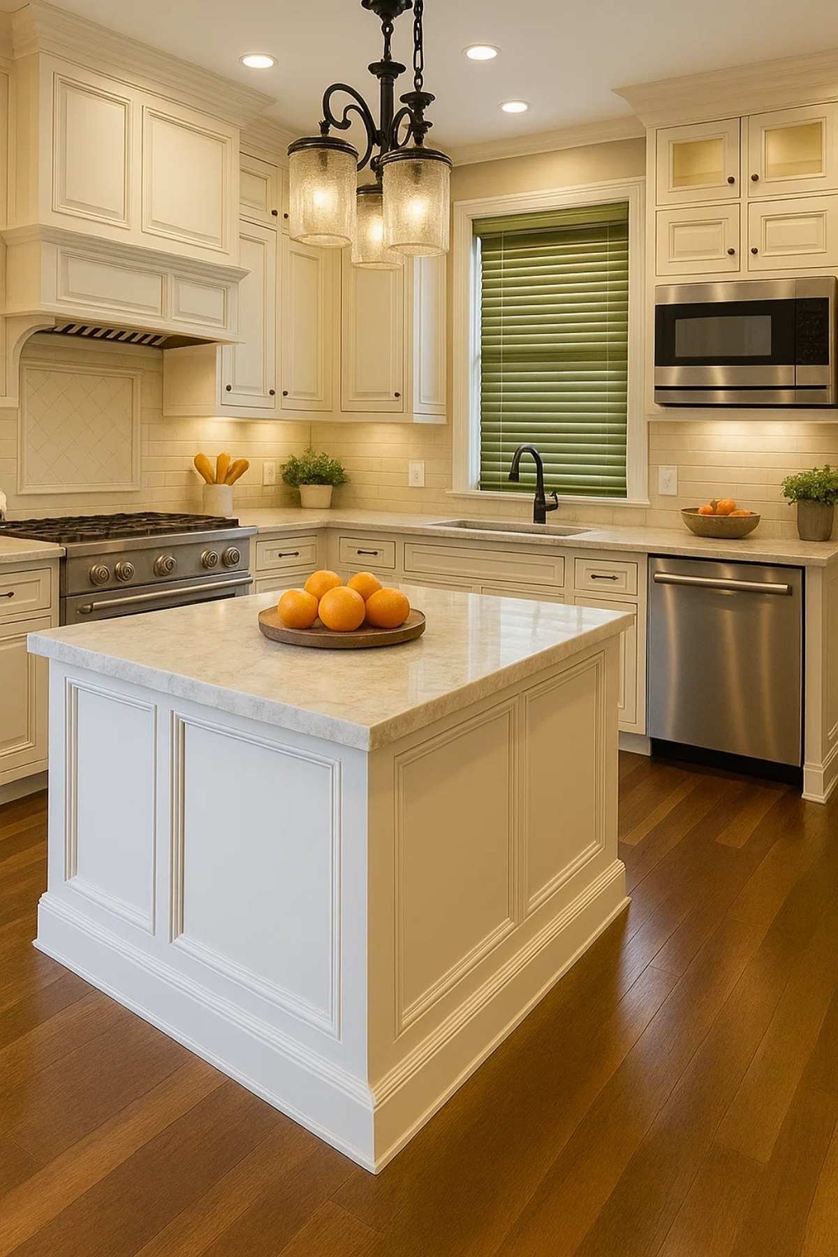 A bright modern kitchen with soft pendant lighting and a clean, fresh atmosphere.
