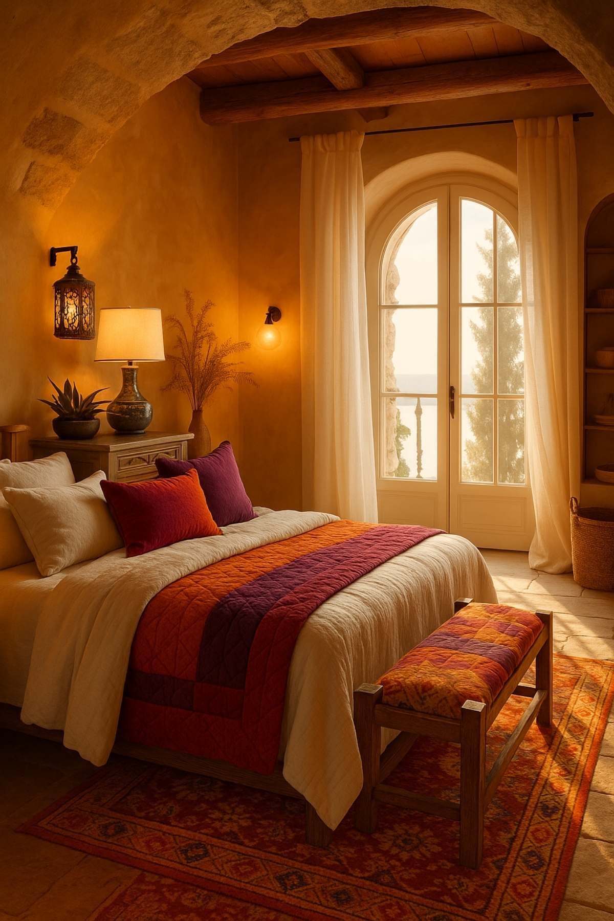 Warm bedroom with golden ambient lighting, layered blankets, and soft shadows creating a cozy nighttime atmosphere.