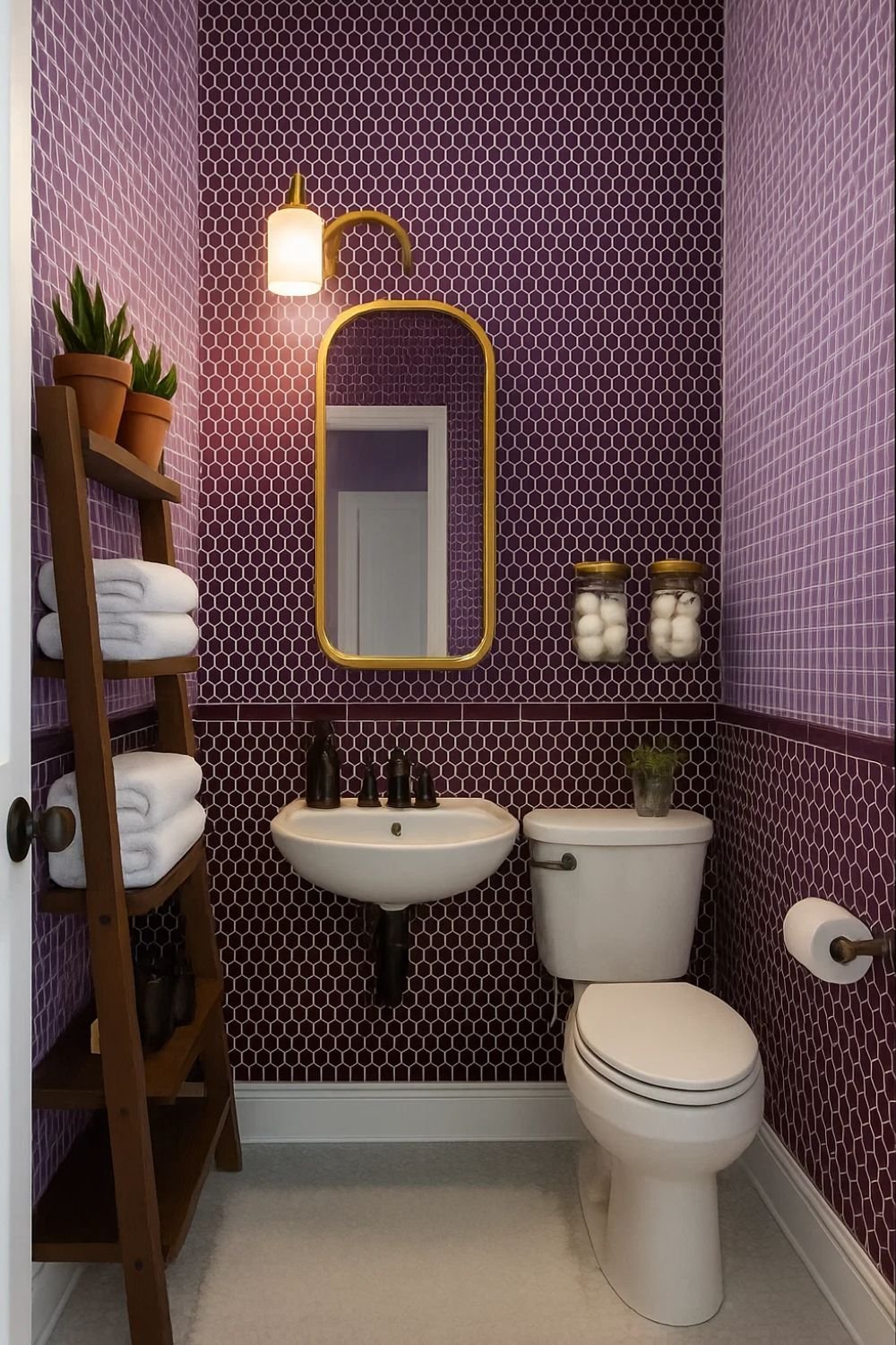 Compact bathroom with jewel-toned purple tile walls, gold mirror, and cozy lighting showcasing purple bathroom ideas.