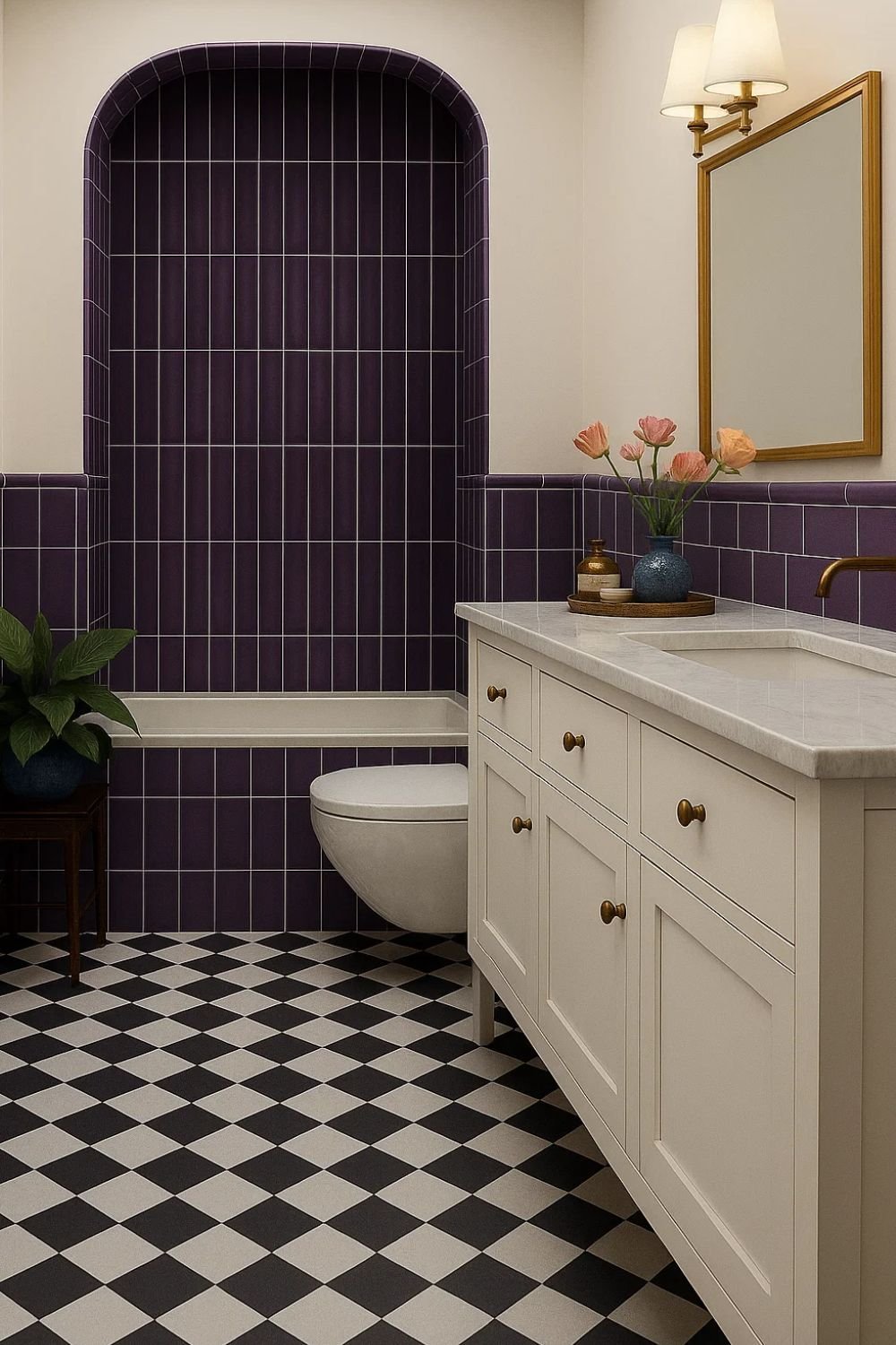 Sophisticated bathroom with deep purple tiled shower niche, checkerboard floor, and elegant white vanity showcasing purple bathroom ideas.
