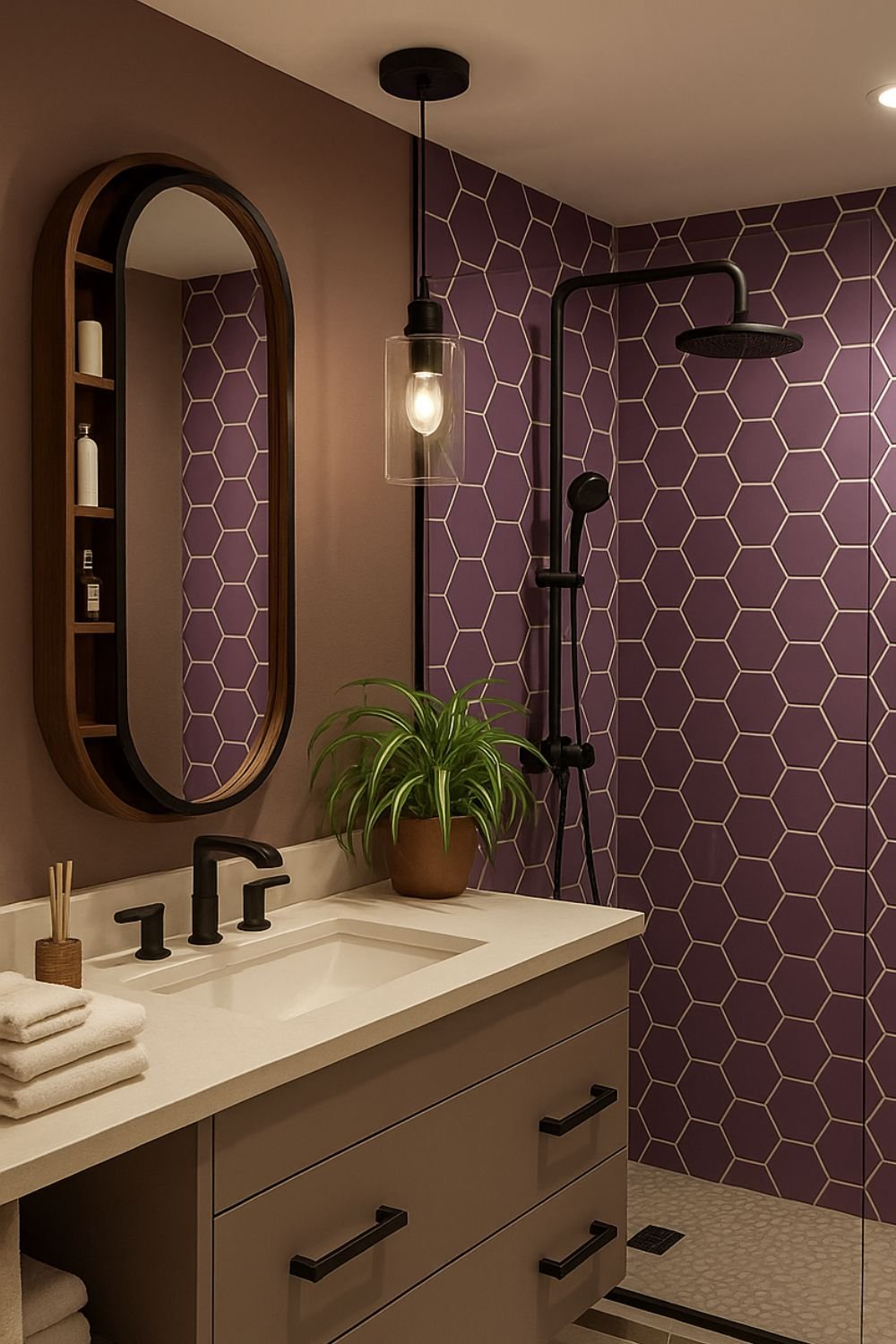 Modern bathroom with plum hexagon tiles, matte black fixtures, and neutral vanity highlighting purple bathroom ideas.