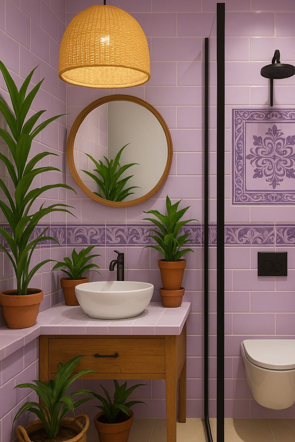 Spa-inspired bathroom with lavender tiles, wooden vanity, potted greenery, and woven pendant light showcasing purple bathroom ideas.