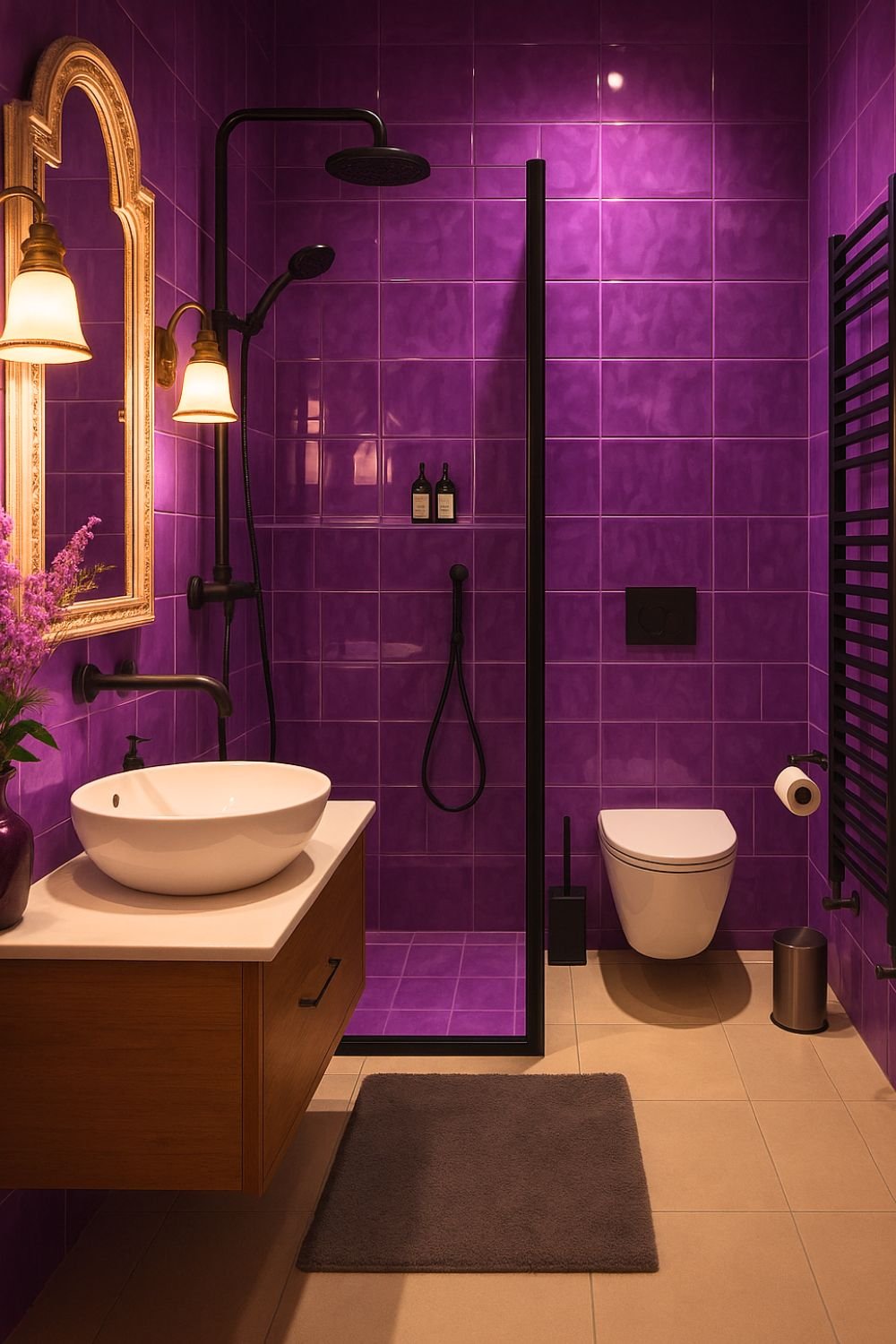 Luxurious bathroom with glossy purple tiled walls, matte black fixtures, and an ornate gold mirror.
