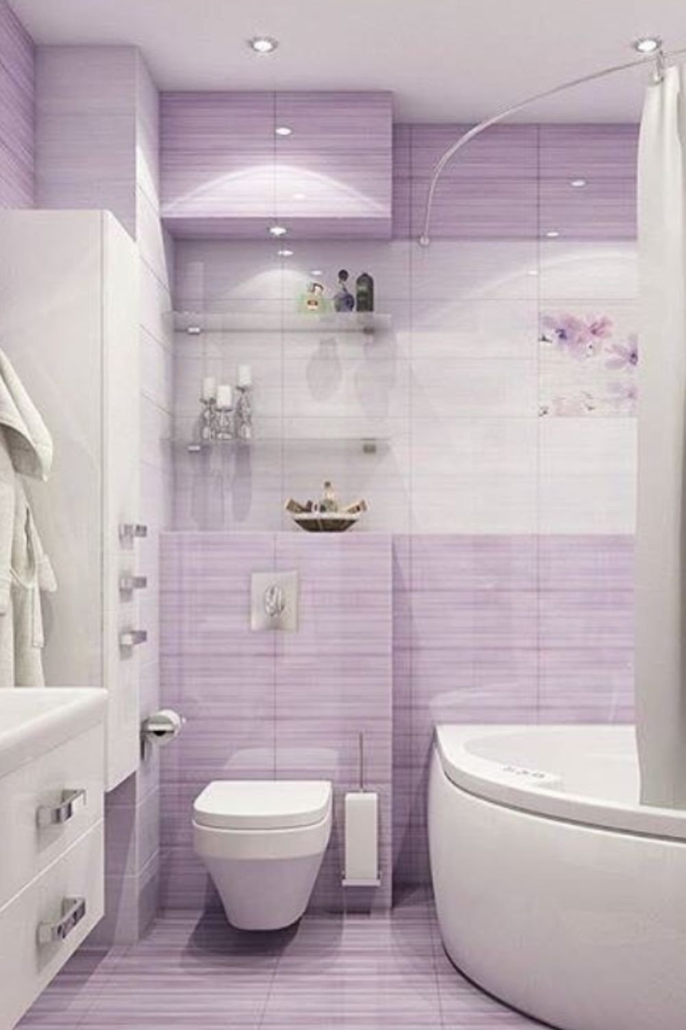 Serene lavender bathroom with floor-to-ceiling tiles and a curved tub, offering soft and elegant purple bathroom inspiration.