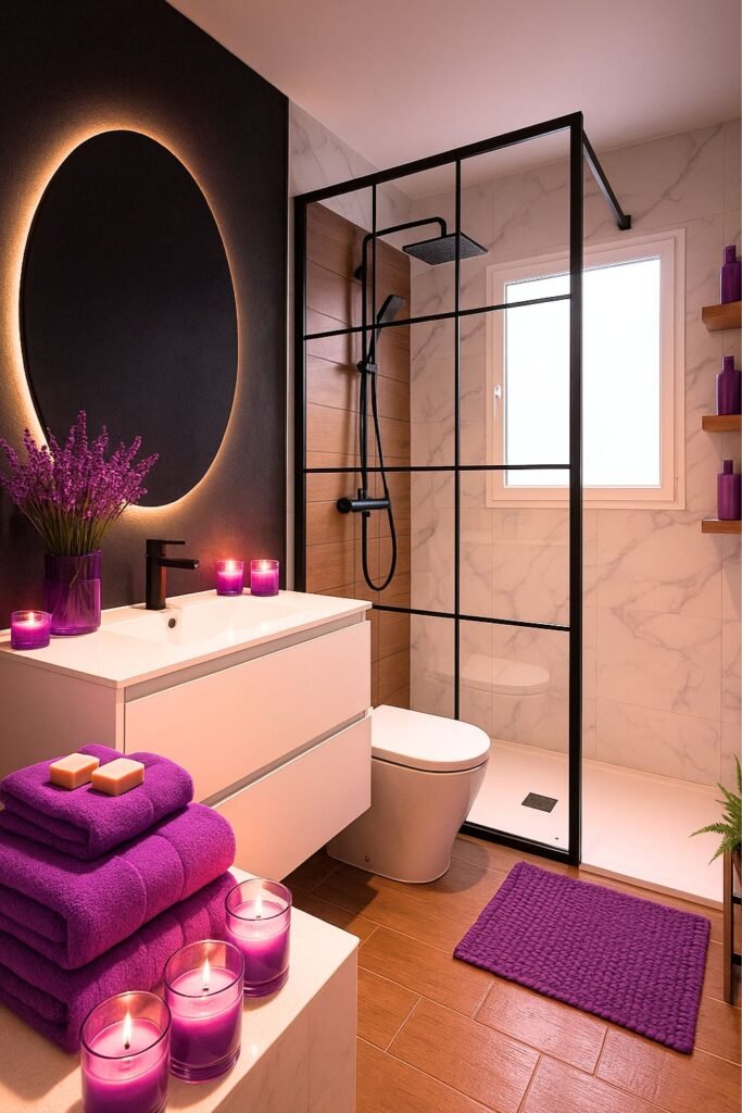 Spa-like bathroom with purple accessories, glowing round mirror, and marble walls for a cozy retreat.