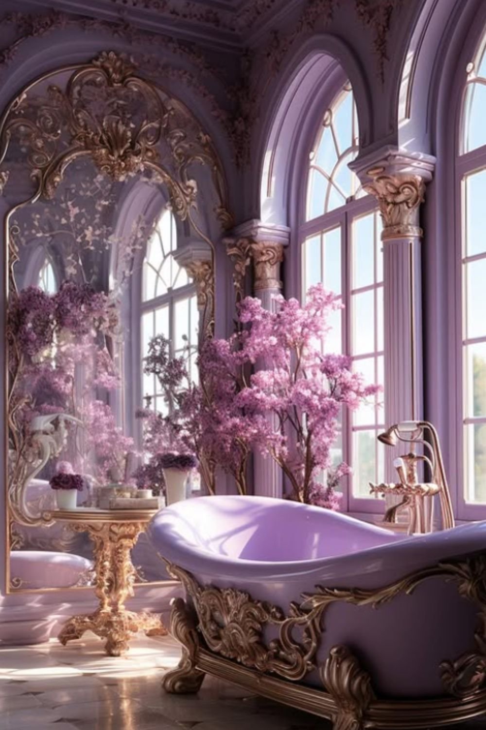 Regal bathroom with ornate golden mirrors, arched windows, and a royal purple bathtub, embodying luxurious purple bathroom ideas.