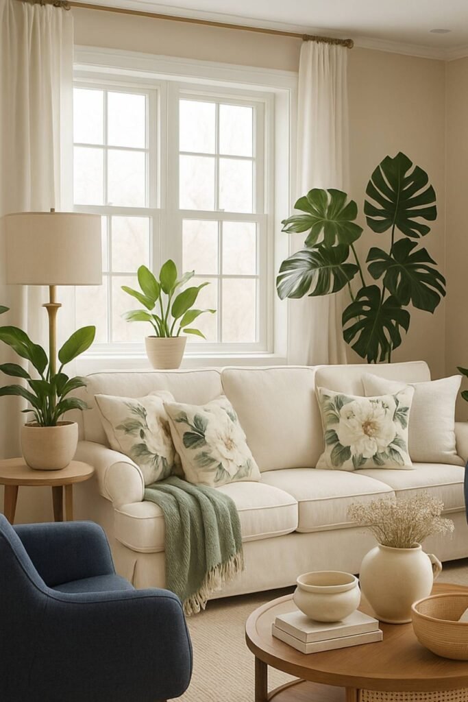 Bright small apartment living room with neutral sofa, green throw, and cozy cushions — stylish living room reset inspiration