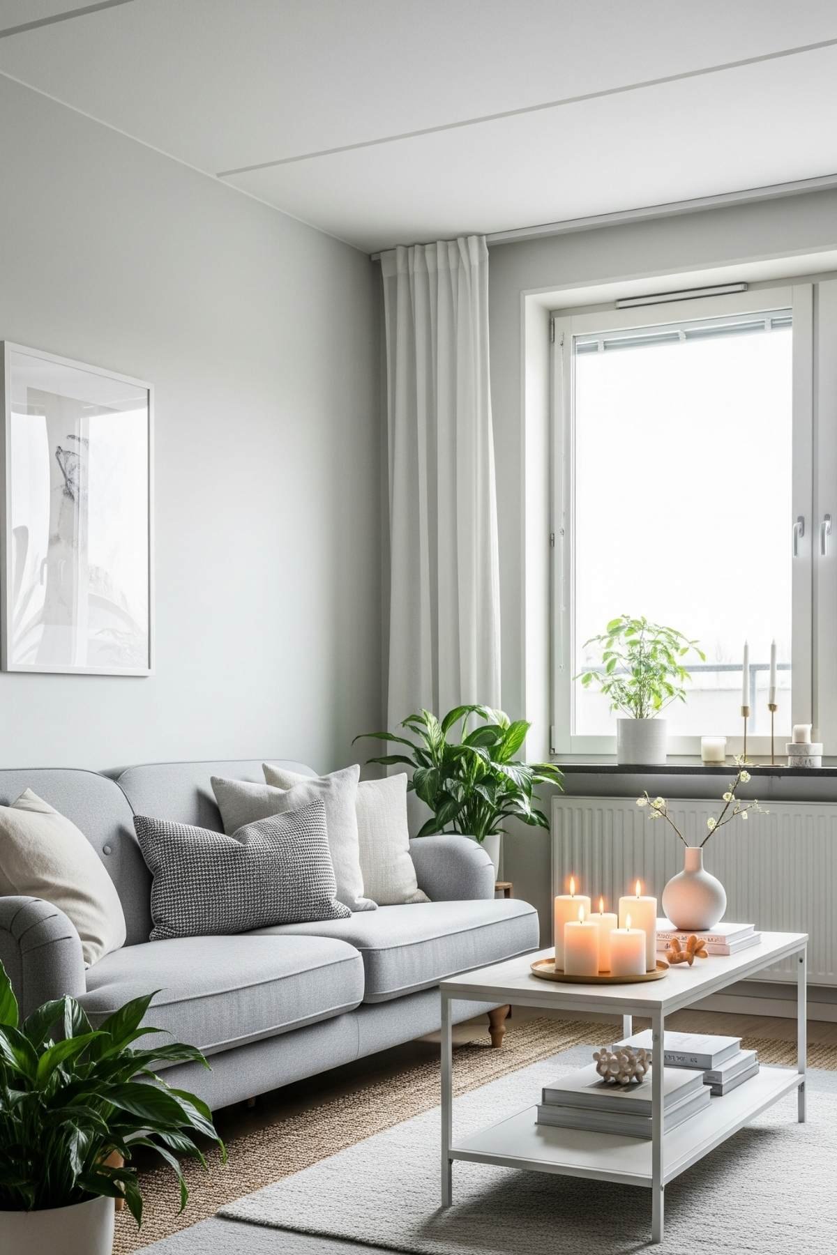 Minimalist small apartment living room with beige sofa, light wood furniture, and natural textures — calm color palette inspiration