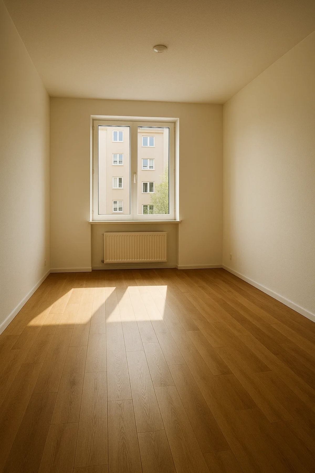 Empty small apartment living room with wooden floors and sunlight through the window — blank space ready for a makeover