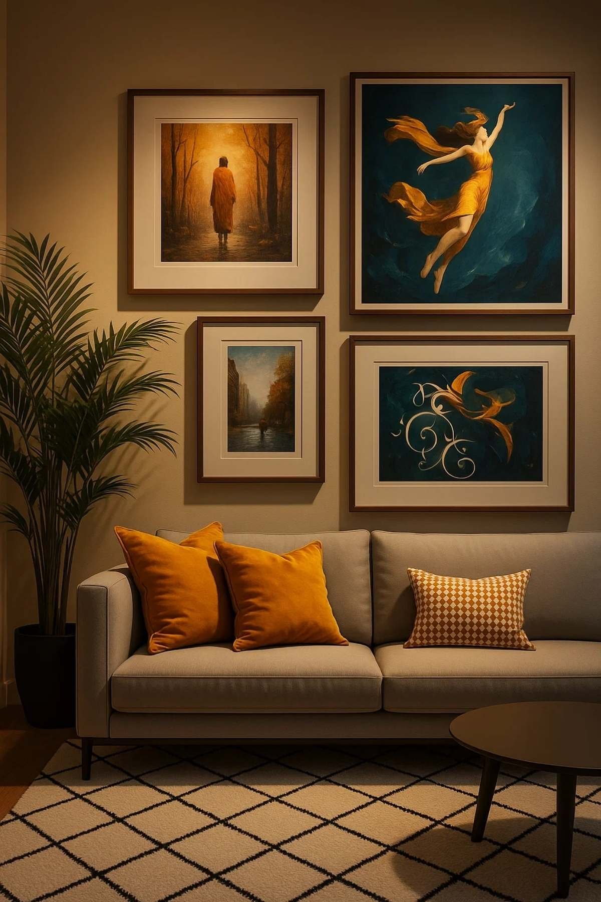 Cozy small apartment living room with bold wall art gallery, warm lighting, and accent cushions — personality-filled decor
