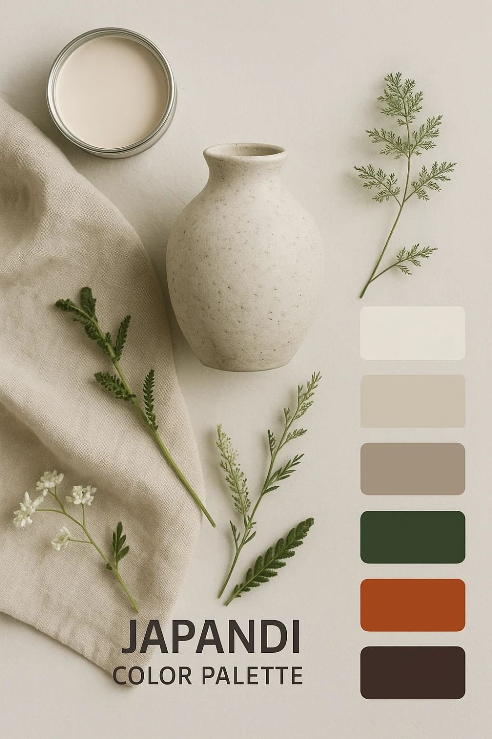 Japandi Interior Design color palette with beige, cream, soft green, and earthy tones alongside natural textures."