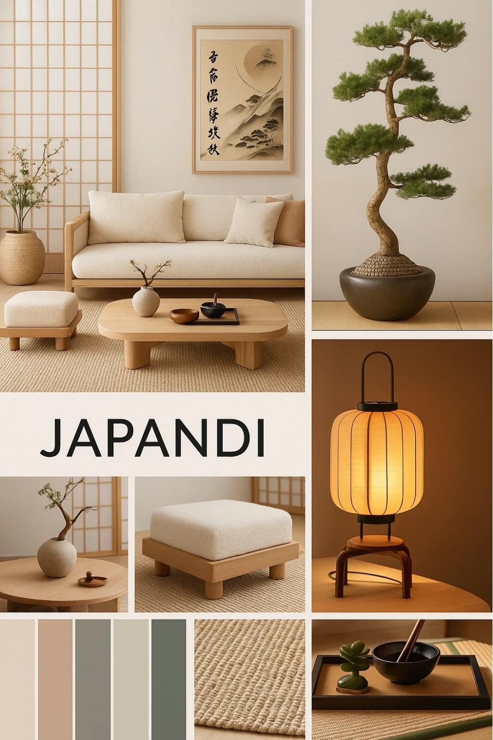 Japandi Interior Design living room with neutral tones, wooden furniture, bonsai plant, and warm lighting.