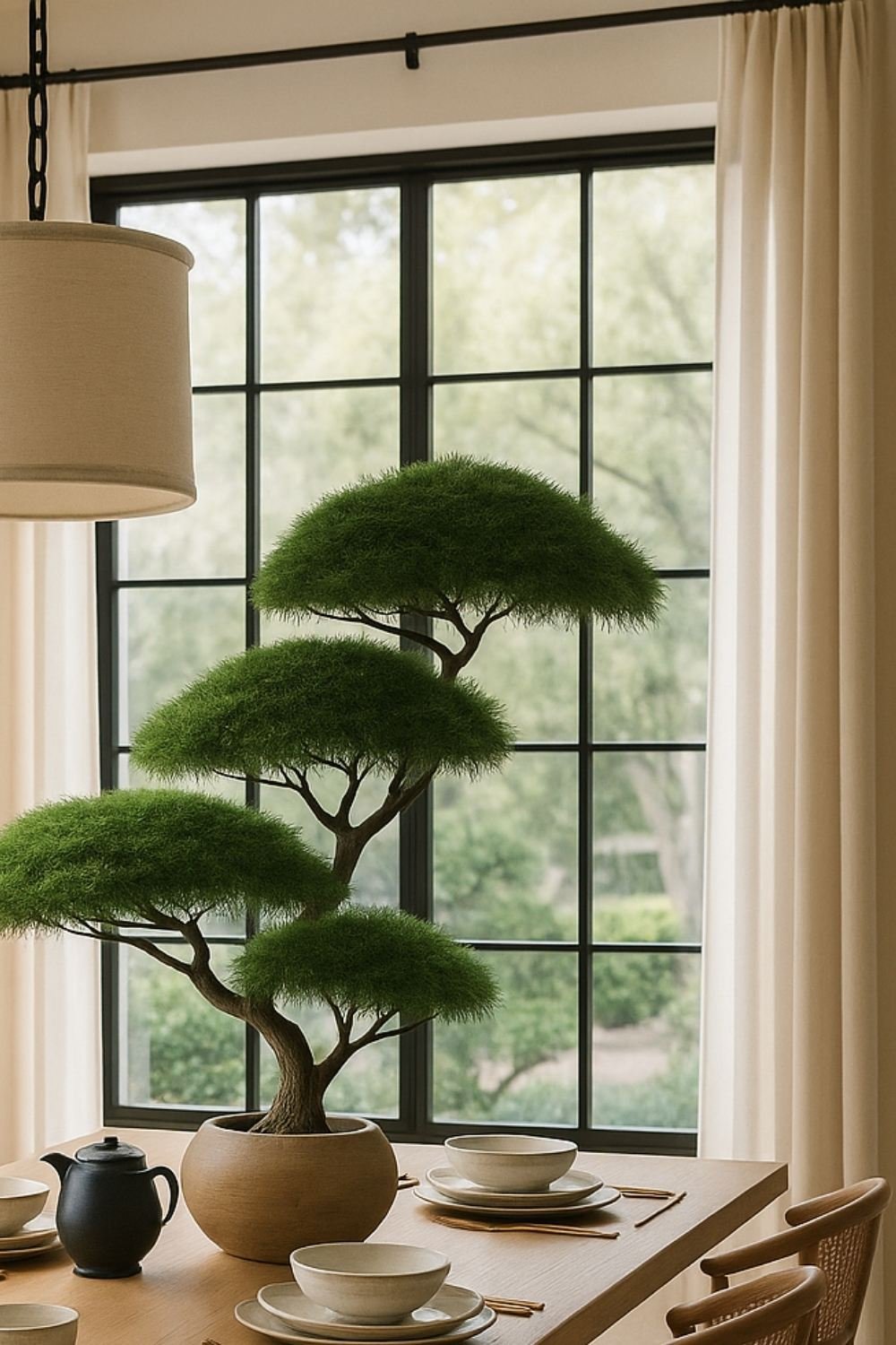 Japandi dining room design with bonsai plant, natural wood table, and large window for light-filled space.