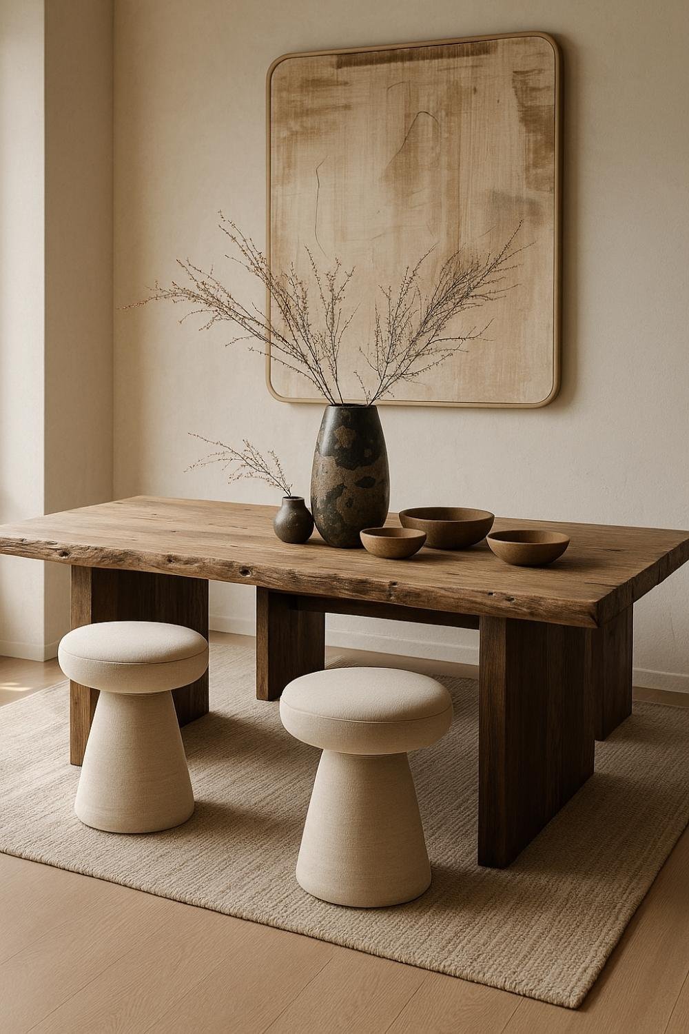Japandi dining room with wooden table, round stools, and minimalist décor in neutral colors.