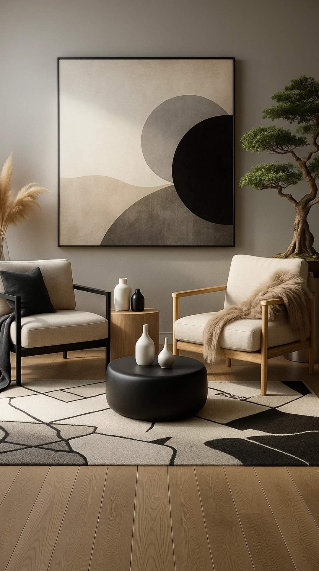 Japandi interior design lounge with neutral armchairs, abstract wall art, black ottoman, and natural wood flooring.