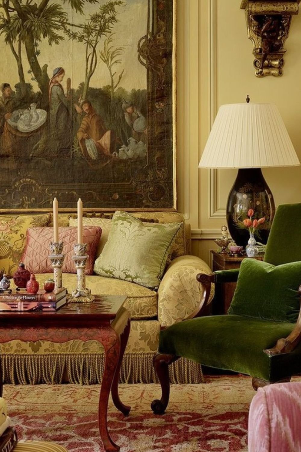 Classic interior with tapestry wall art and antique furniture