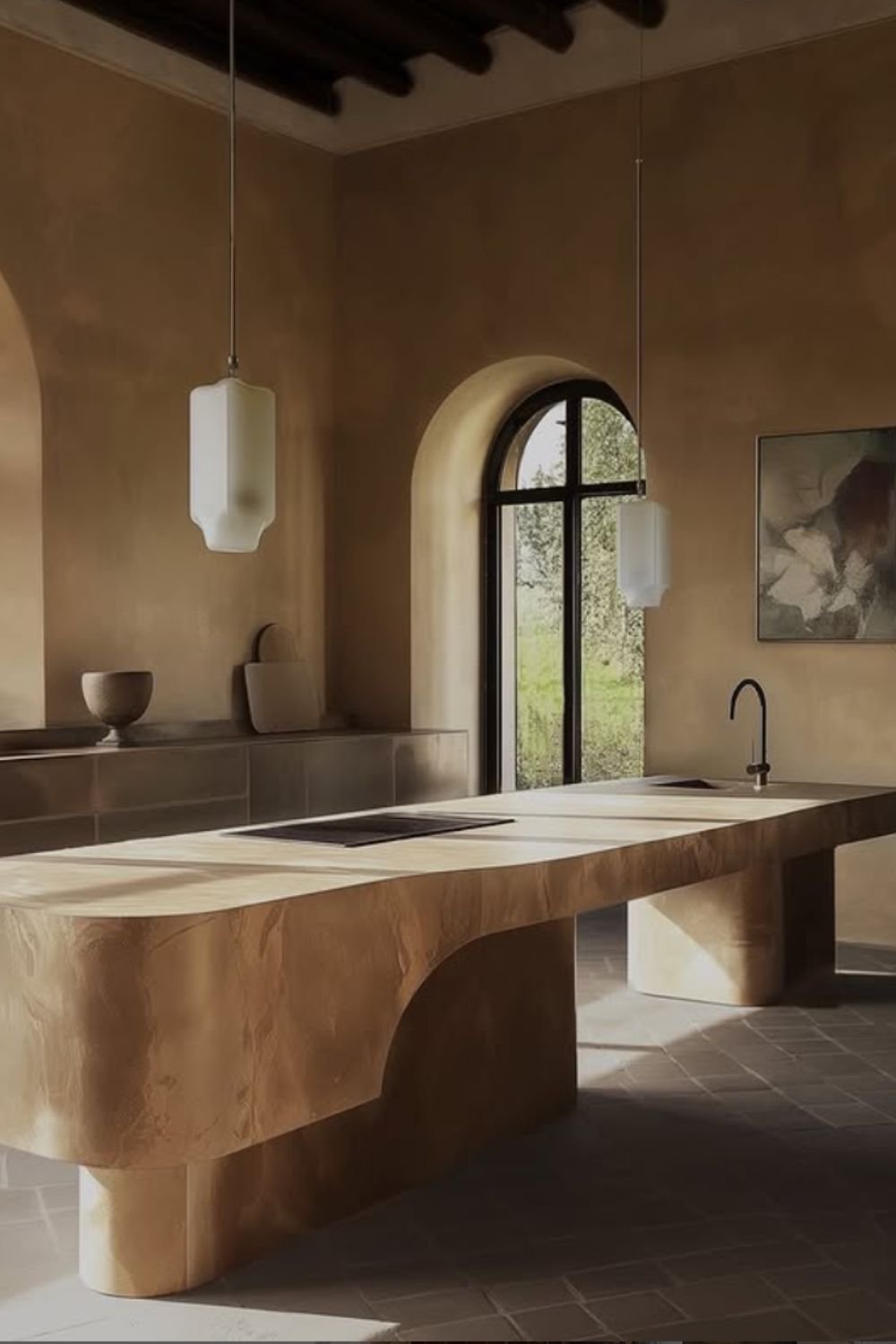 Tuscan kitchen with arched windows, stone countertops, and warm earthy tones – tuscan style home interior design