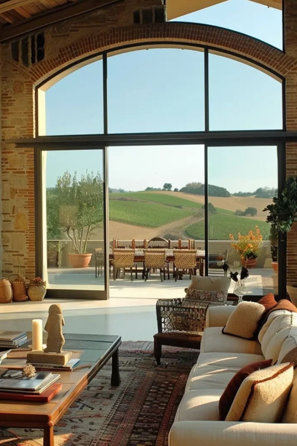 Tuscan living room with arched glass doors opening to vineyard views – tuscan style home interior design