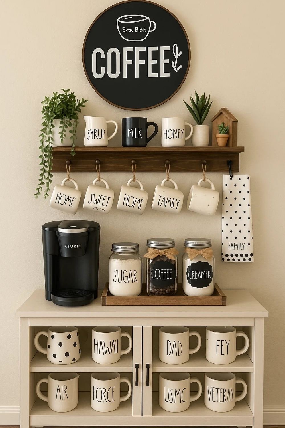 White coffee nook with rows of matching mugs and labeled storage.
